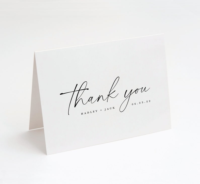 Wedding Thank You Cards Custom Printed Folded Thank You Card Black and White Simple Script Thank You Printed with Envelopes image 1