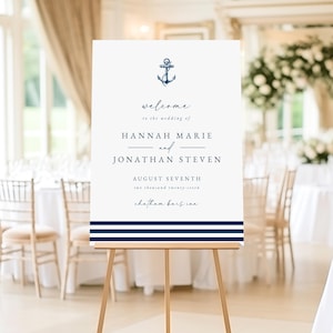 Printable Nautical Wedding Welcome Sign Template - Editable Beach Blue Anchor Stripes Wedding Reception Sign, Coastal Wedding - Hannah