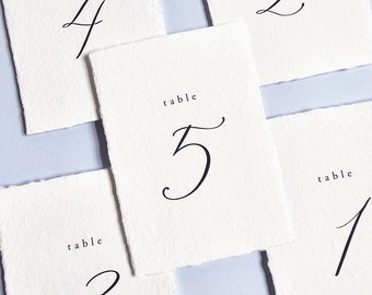 Handmade Paper Wedding Table Numbers - PRINTED Modern Wedding Reception Table Numbers - Black Script Font on White Handmade Paper