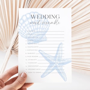 Juego de despedida de soltera - Juego de palabras cruzadas para bodas en la playa - Tarjetas imprimibles de palabras cruzadas para despedidas de soltera, conchas azules y estrellas de mar