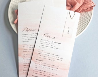 Blush Pink Wedding Menus with Name Card and Clip - Custom Printed Watercolor Destination Wedding Menu, Place Card, Gold Clip