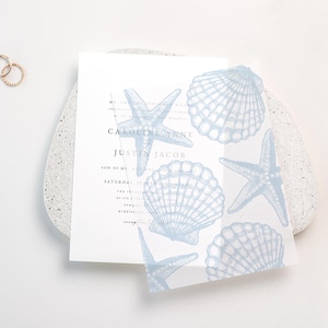 Blue Shell Starfish Vellum Overlay: Beach Wedding Invitations (PDF Download)