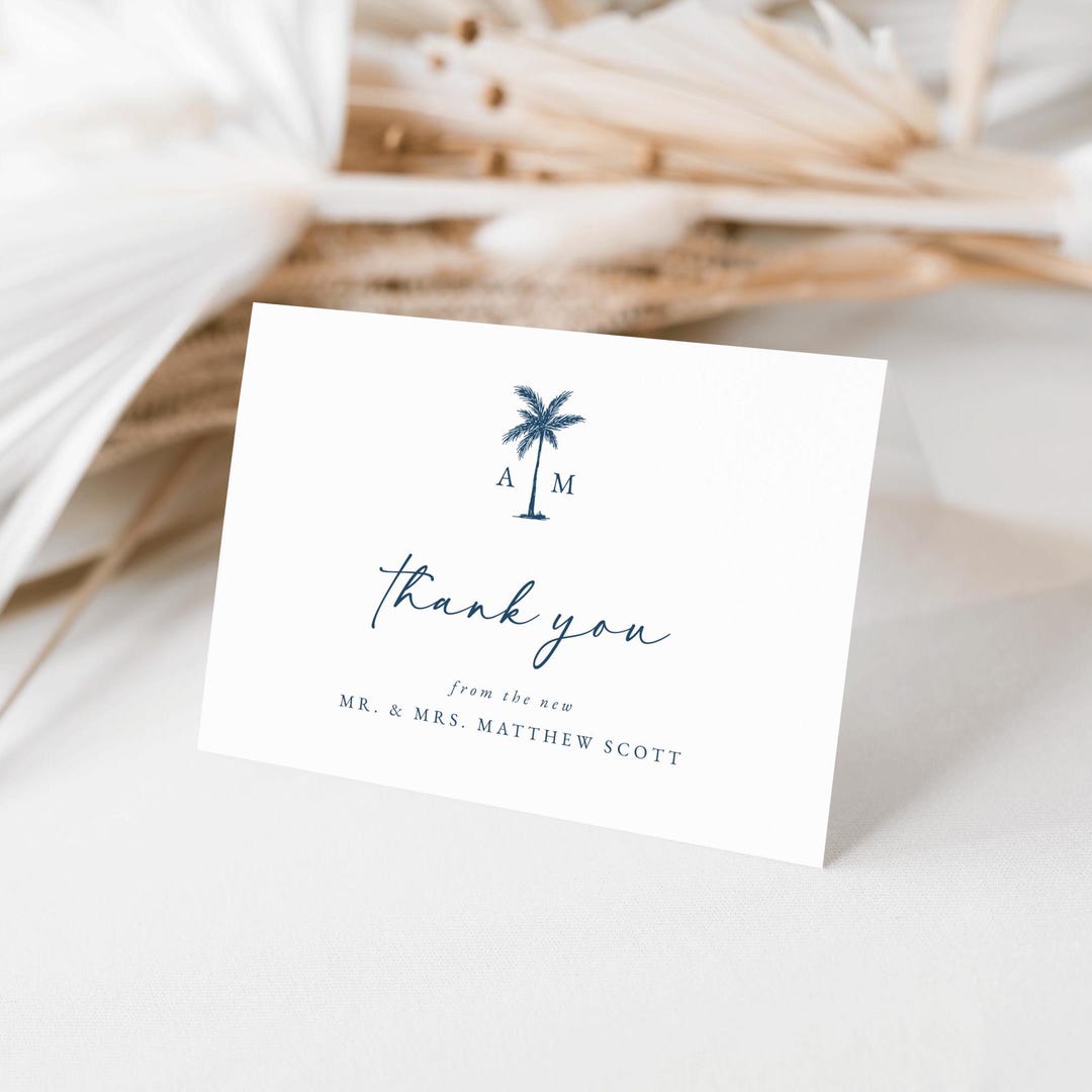 Blue Palm Tree Wedding Thank You Card, Beach Wedding Thank You Card ...