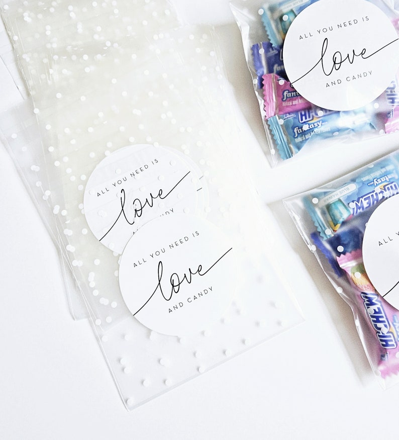 Wedding Candy Favor Bags and Stickers Love & Candy EMPTY Polka Dot Frosted Clear Bags with Stickers DIY Wedding Favor Bags image 2