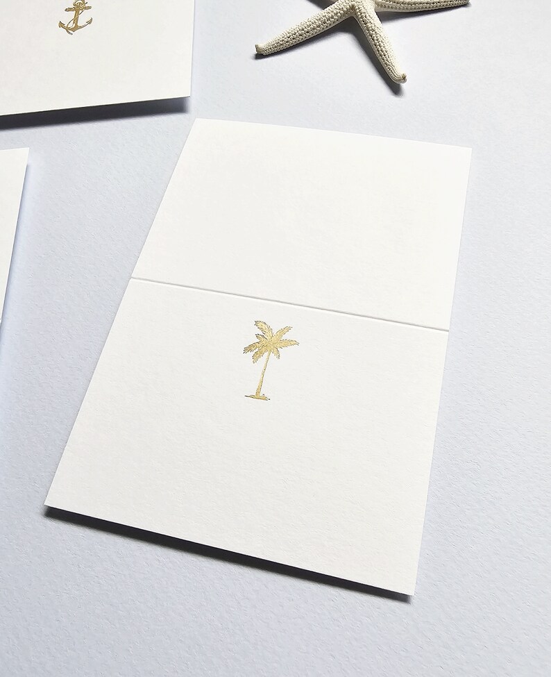 Wedding Escort Cards / Place Cards, Folded Gold or Silver Foil Tropical Destination Wedding Place Cards Starfish, Anchor, Palm Tree 画像 3