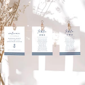 Plantilla de tarjetas para la disposición de los asientos de la boda para imprimir: tarjetas para la mesa de recepción de la boda de destino con ancla azul marino - Hannah
