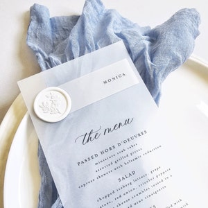 Clear Wedding Menu with Place Card and White Wax Seal - Printed Modern Script Vellum Translucent Wedding Reception Menu, Name Card