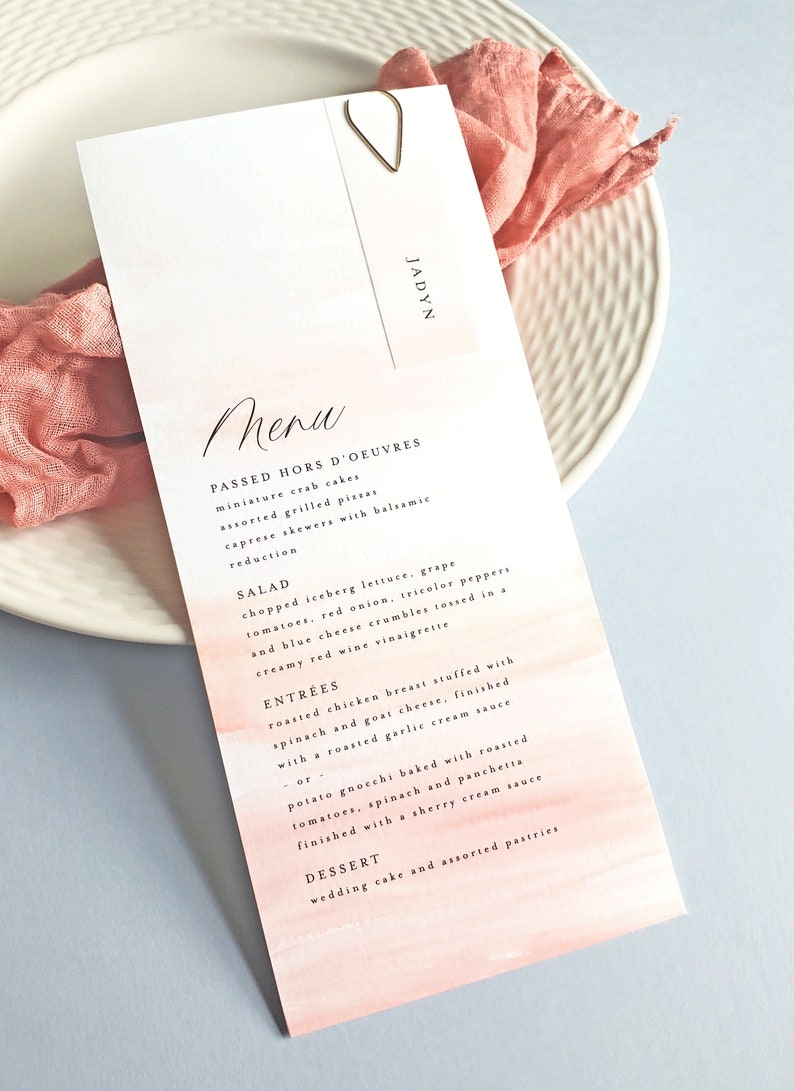 Blush Pink Wedding Menus With Name Card and Clip Custom Etsy