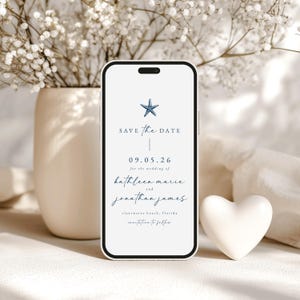 Puede incluir: Una tarjeta digital de guardar la fecha con una estrella de mar azul y el texto "SAVE The DATE" con una línea debajo. La fecha "09.05.26" está debajo de la línea, seguida de "for the wedding of" y los nombres "kathleen marie" y "jonathan james". La ubicación "clearwater beach, Florida" y el texto "invitation to follow" están en la parte inferior de la tarjeta.