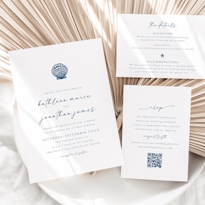 Blue Coastal Wedding Invitation Template: Shell & Starfish (Digital Download)