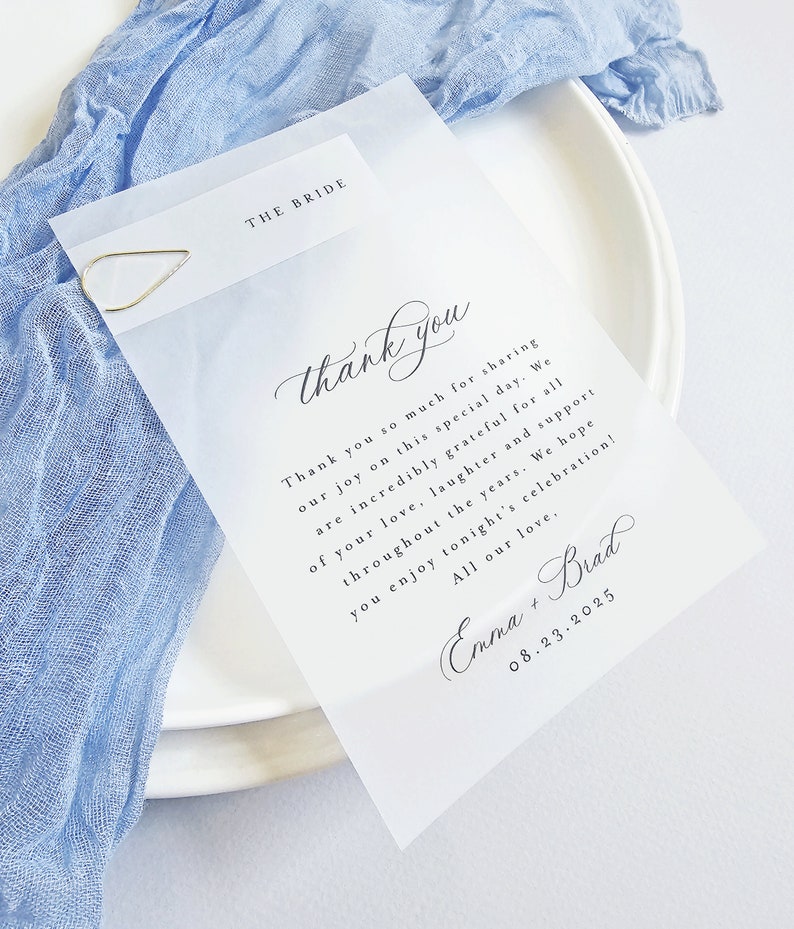 Clear Wedding Reception Thank You with Place Card and Gold Clip Printed Modern Script Vellum Translucent Wedding Thank You, Name Card image 3