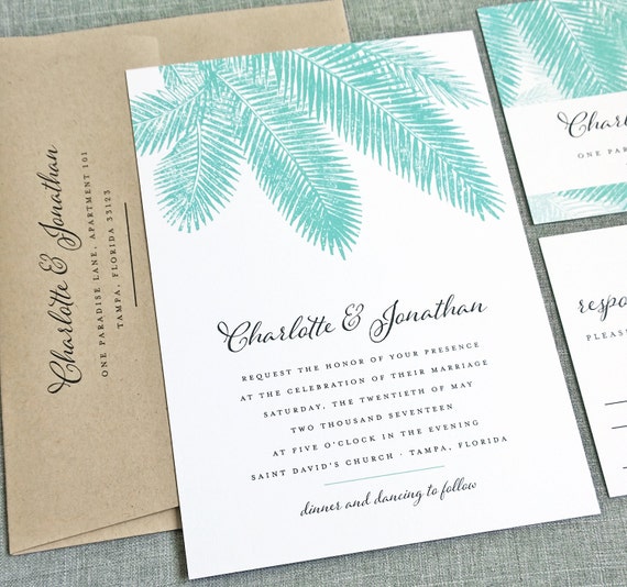 Charlotte Teal Palm Tree Wedding Invitation Sample Beach Etsy