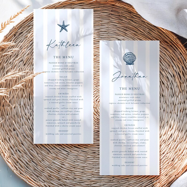 Beach Wedding Menu Template: Shell & Starfish Menu, Blue Stripes ...