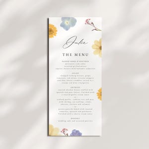 Modèle de menu de mariage imprimable fleurs sauvages avec fleurs séchées et nom d'invité - Shower nuptiale, menu floral de dîner de fête