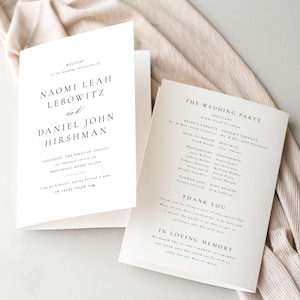 May include: Two white wedding programs with black text. The left program welcomes guests and lists the couple's names, wedding date, and location. The right program lists the wedding party and includes a thank you message.