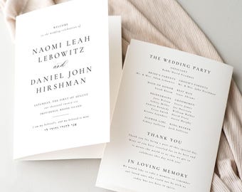 May include: Two white wedding programs with black text. The left program welcomes guests and lists the couple's names, wedding date, and location. The right program lists the wedding party and includes a thank you message.