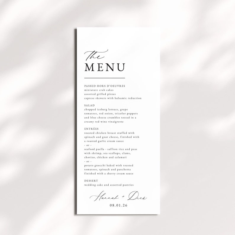 PRINTED Wedding Menus Modern Calligraphy, Black Script Font Wedding ...