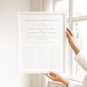 Peut inclure: Un certificat de mariage encadré avec les noms de Cora Jane Williams et Jackson James Smith. Le certificat, dans un cadre blanc, présente une écriture élégante et des espaces lignés pour les signatures. Le texte dit "Certificat de Mariage".