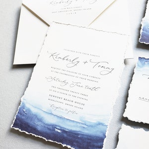 Kimberly Beach Wedding Invitation Sample with Deckled Edges - Nautical Blue Watercolor Waves, Beach Wedding Invite