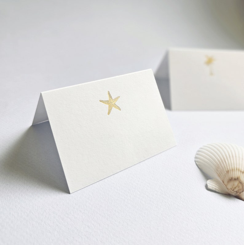Wedding Escort Cards / Place Cards, Folded Gold or Silver Foil Tropical Destination Wedding Place Cards Starfish, Anchor, Palm Tree image 1