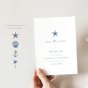May include: Save the date card with a blue starfish icon. The card says "Save the Date" with a line underneath and the date "09.05.26" for the wedding of Kathleen & Jonathan. The location is Clearwater Beach, Florida. The text "Invitation to follow" is at the bottom of the card.
