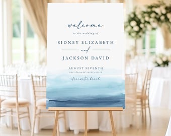 Beach Wedding Welcome Sign: Blue Watercolor, Editable Wedding Sign Template, Sidney