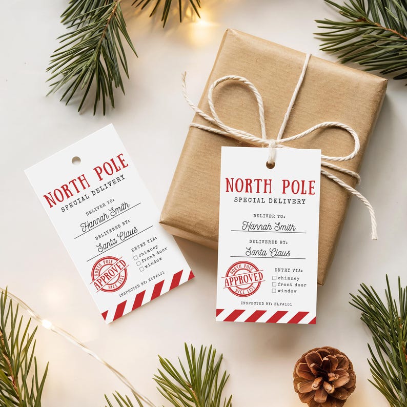 Wrapped Around Tag Sticker Printable Santa Holiday Gift Tag, North Pole Special Delivery, Kid ...