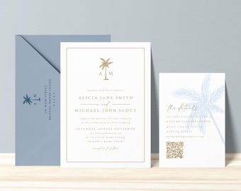 May include: A white wedding invitation with gold lettering and a palm tree design. The invitation reads "Alicia Jane Smith and Michael John Scott" and includes the date "Saturday, August Fifteenth". A smaller card with a blue palm tree design reads "The details" and includes a QR code.