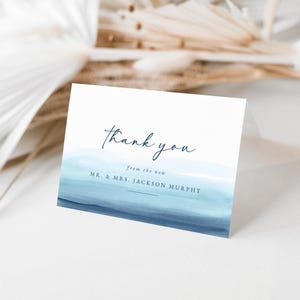 Druckbare Strand Hochzeit Dankeskarte Vorlage - Blaue Aquarell Küsten Hochzeit Dankeskarte, bearbeitbare Hochzeitskarte - Sidney