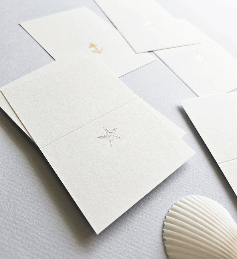 Wedding Escort Cards / Place Cards, Folded Gold or Silver Foil Tropical Destination Wedding Place Cards Starfish, Anchor, Palm Tree 画像 7