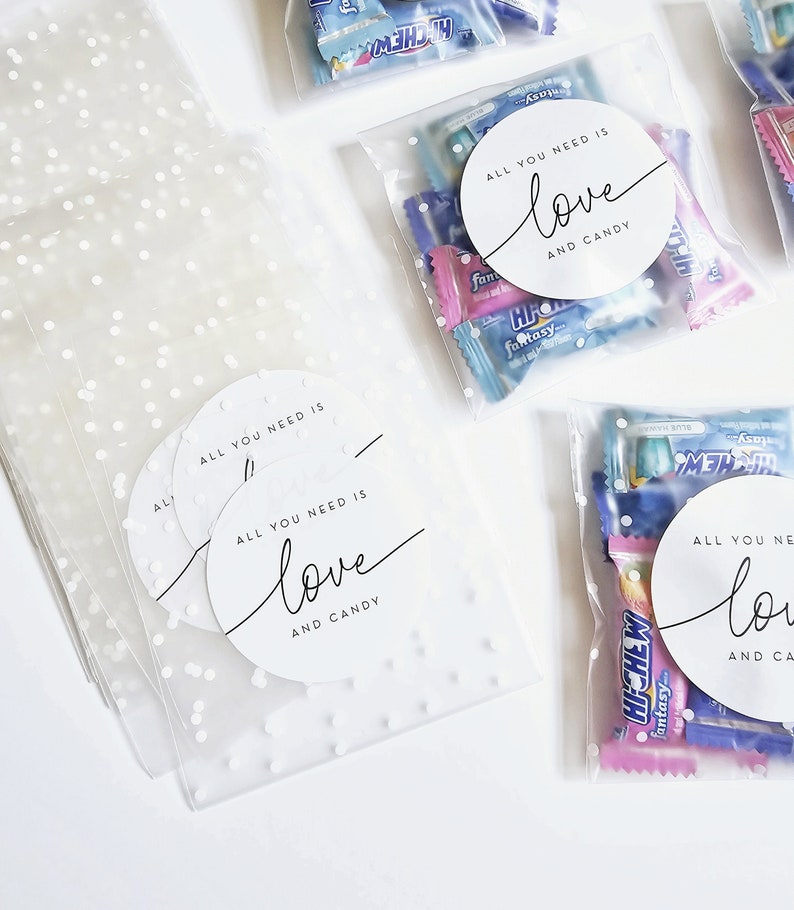 Wedding Candy Favor Bags and Stickers Love & Candy EMPTY Polka Dot Frosted Clear Bags with Stickers DIY Wedding Favor Bags image 4