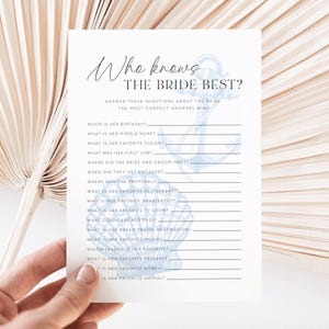 Juego de despedida de soltera - ¿Quién conoce mejor a la novia? - Tarjetas imprimibles, conchas azules y estrellas de mar.