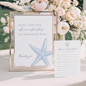 Tarjetas de consejos para bodas - IMPRESAS Y ENVIADAS Boda en la playa, Tarjetas de consejos para bodas con estrellas de mar y conchas azules, Idea moderna para libro de visitas, Julia