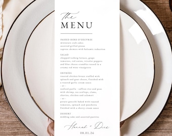 印刷されたウェディングメニュー：モダンな黒のスクリプトカリグラフィー