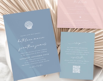 May include: A blue wedding invitation suite with white text. The main invitation features a seashell graphic and the names "Kathleen Marie" and "Jonathan James". The details card is pink and includes information about the reception and accommodations. The RSVP card is blue and includes a QR code.