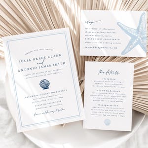 Navy Beach Wedding Invitation Template: Shell Starfish Design (Digital Download, Editable in Corjl)