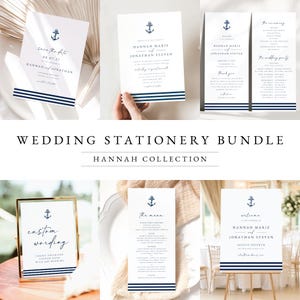 May include: A wedding stationery bundle with a nautical theme. The set includes a save the date card, invitation, RSVP card, details card, menu card, and welcome sign. Each card features a blue anchor and navy blue stripes.