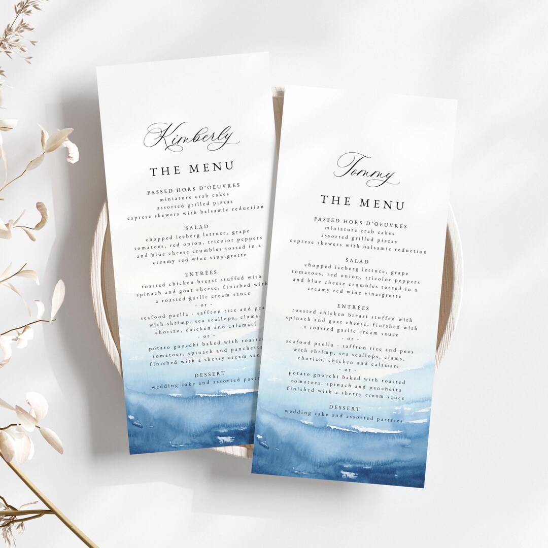 Beach Wedding Menu Template: Blue Watercolor Flat Menu (digital ...