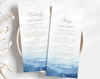 Beach Wedding Menu Template: Blue Watercolor Flat Menu (Digital Download) Kimberly