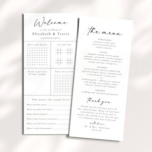 Jeux de réception de mariage imprimables et modèle de menu - Carte de jeu de mariage amusante avec menu - Elizabeth