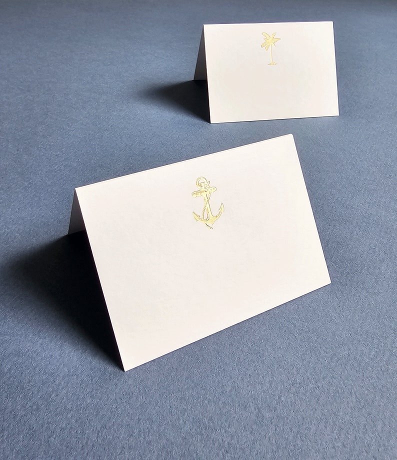 Wedding Escort Cards / Place Cards, Folded Gold or Silver Foil Tropical Destination Wedding Place Cards Starfish, Anchor, Palm Tree image 2