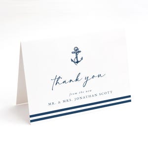 Modello di biglietto di ringraziamento nautico stampabile - Biglietto di ringraziamento piegato con ancora blu navy, cancelleria per matrimoni a destinazione - Hannah
