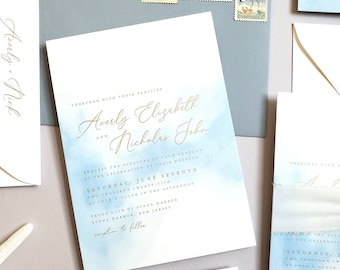 Averly Beach Wedding Invitation with Gold Foil Press Printing - Nautical Blue Watercolor Invitation, Beach Invite, Silver Foil