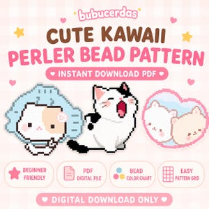 Padrões de Gatinhos Kawaii em Contas Perler | Arte Pixel em PDF para Artesanato (Download Digital)