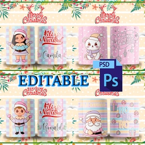 12 plantillas para sublimar navideñas de animalitos perritos gatitos y ositos personalizables en PSD y en JPG para hacer regalos de navidad