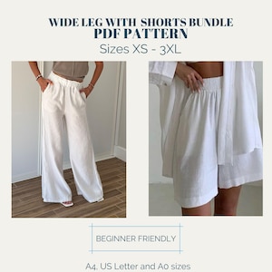 Wide Leg Pants and Shorts Pattern, Women Pants Bundle, Illustrated Instruction, Elastic Waistband, High Waist Pants Patterns, Linen Pants.