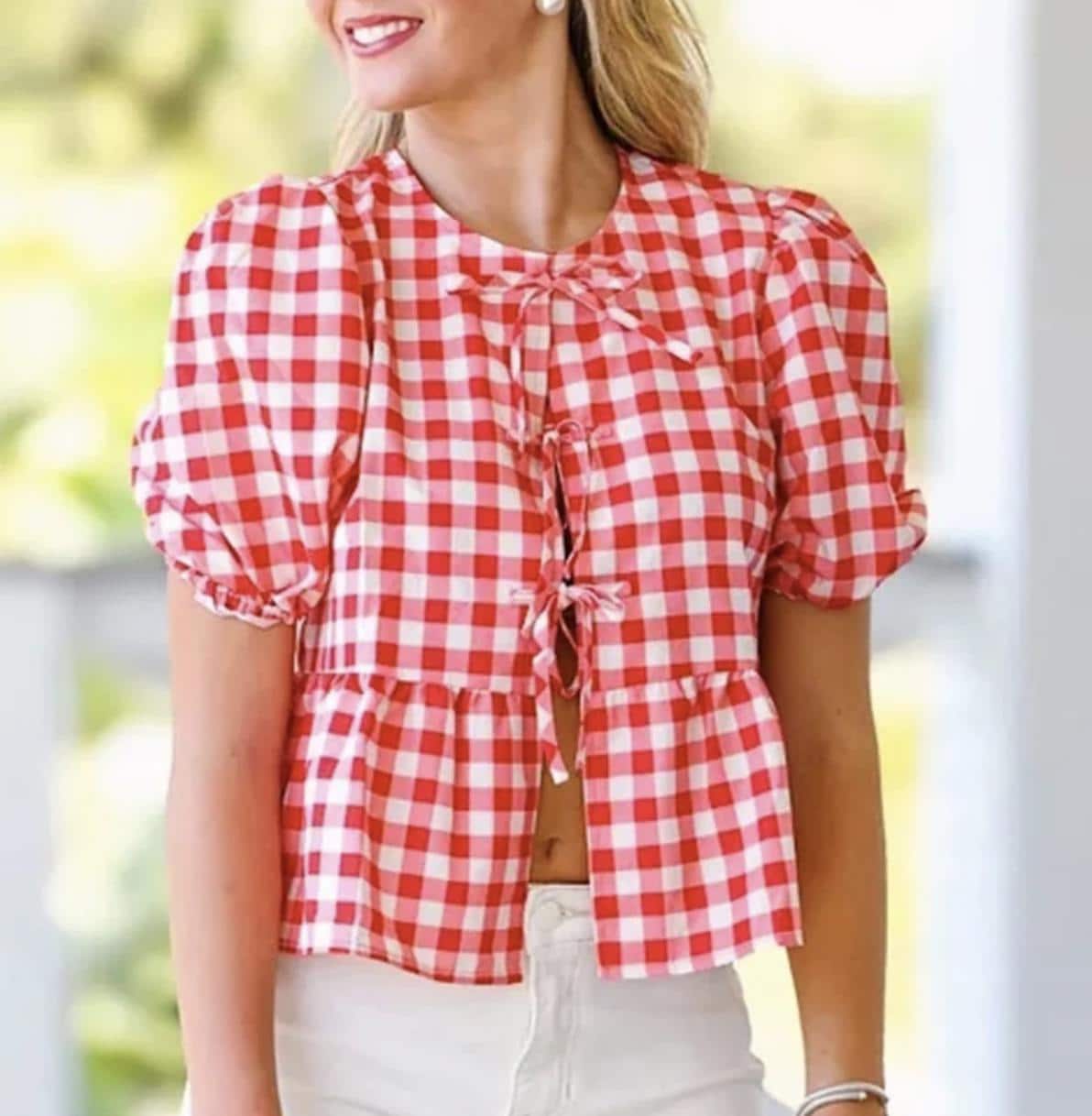 Puffed Sleeve Peplum Top, Woman Bow Front Top, Digital