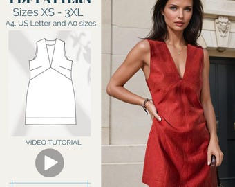 Mini Dress Pattern + Video Tutorial, Woman Digital Sewing Pattern, Instant Download, XS-XXXL, Beginner Friendly, Summer Dress Pattern.