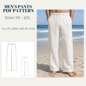 以下が含まれることがあります： クリーム色のリネンパンツ、ウエストはゴム入り。XSから5XLまでのメンズパンツのパターン画像で、A4、USレター、Aoサイズに対応。砂浜に立つ人が着用している様子が写っています。
