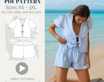 Puffed Sleeve Top and Shorts Sewing Pattern: Front Tie Blouse (XS-XXXL) (Digital Download)